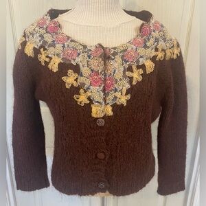 Varsovia Vintage Antique Lace Seed Pearl Beaded Brown Wool Cropped Cardigan